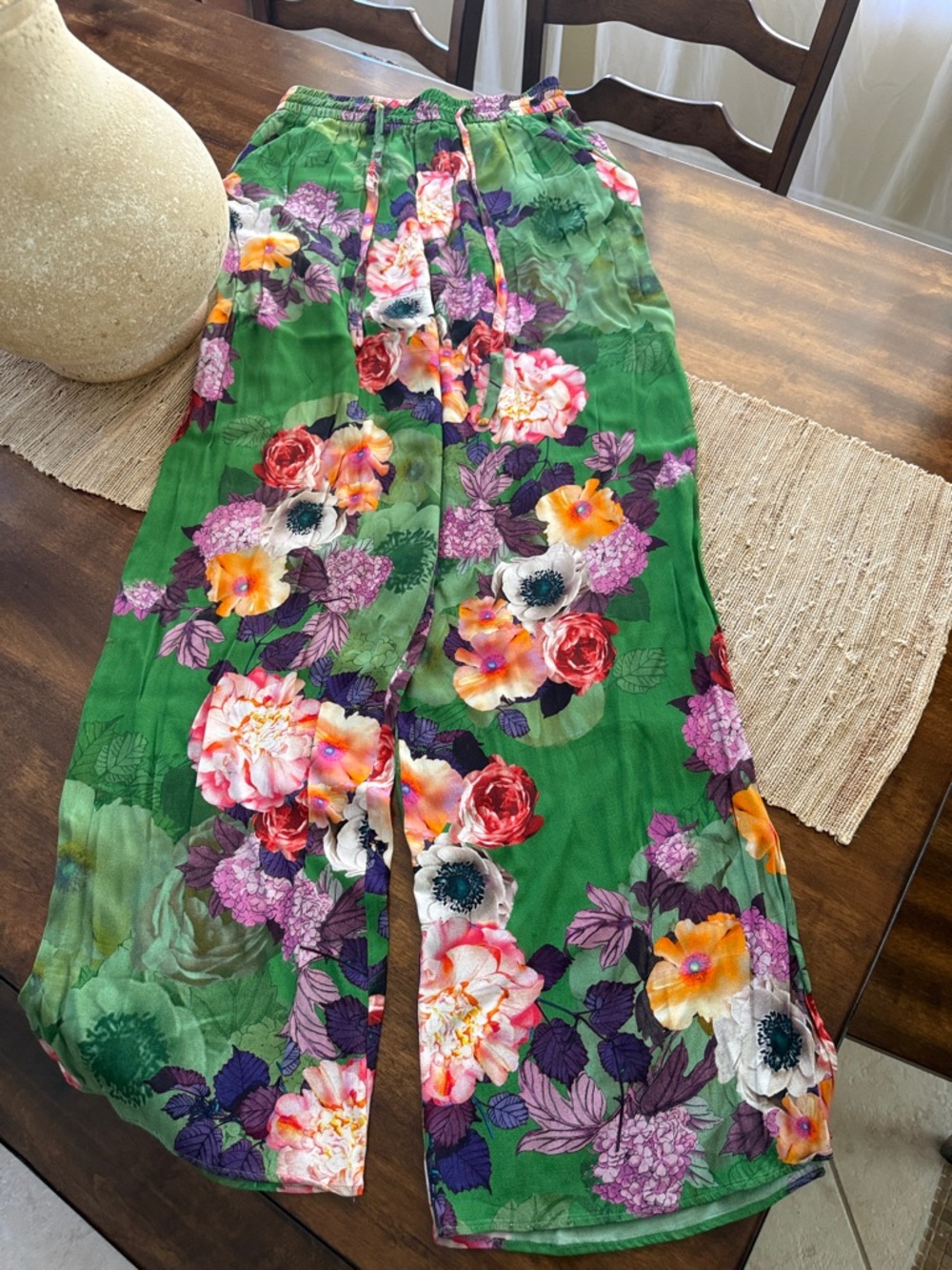 Zara Green Floral Wide-Leg Pants